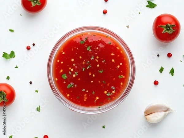 Obraz A glass bowl of red sauce with parsley on top. A bunch of tomatoes and garlic around. Realistic food scene.