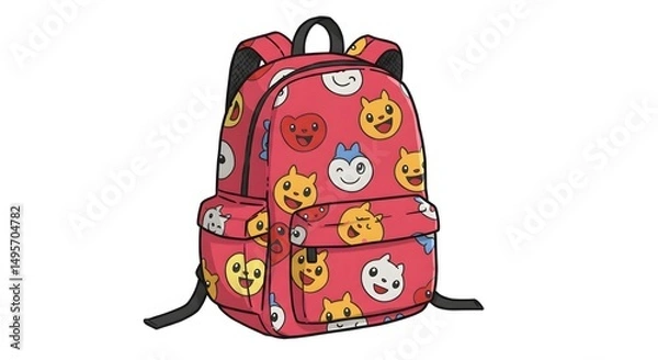 Obraz A cute colorful backpack with little cats illustration, isolated on a white background