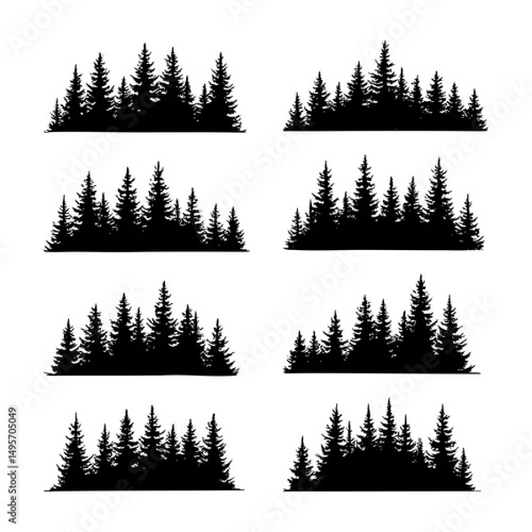 Fototapeta Fir trees silhouettes set. Coniferous spruce horizontal background patterns, black evergreen woods vector illustration. Beautiful hand drawn panorama with treetops forest. Black pine woods