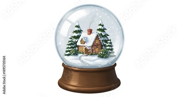 Obraz glass snow globe with pine trees and a little house inside, isolated on white