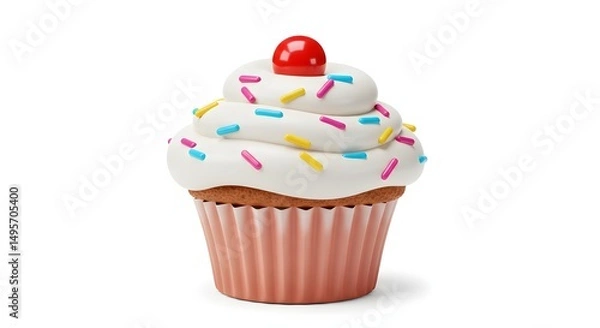 Obraz Sweet birthday cupcake with pink icing and sprinkles isolated on white