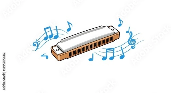 Obraz Wooden harmonica, musical instrument isolated on white, for blues music sound