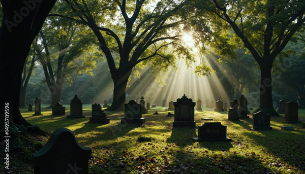 Fototapeta Morning Sunlight Piercing Through Trees in Peaceful Forest Cemetery, Illuminating Tombstones and Casting Long Shadows Over Mossy Graves in Serene Natural Burial Ground