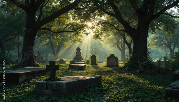 Fototapeta Morning Sunlight Piercing Through Trees in Peaceful Forest Cemetery, Illuminating Tombstones and Casting Long Shadows Over Mossy Graves in Serene Natural Burial Ground