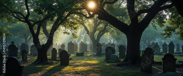 Fototapeta Morning Sunlight Piercing Through Trees in Peaceful Forest Cemetery, Illuminating Tombstones and Casting Long Shadows Over Mossy Graves in Serene Natural Burial Ground