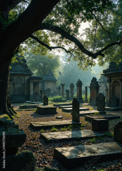Fototapeta Morning Sunlight Piercing Through Trees in Peaceful Forest Cemetery, Illuminating Tombstones and Casting Long Shadows Over Mossy Graves in Serene Natural Burial Ground