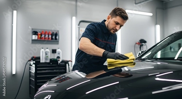 Fototapeta Professional Car Detailing Expert Polishing and Paint Correction for a Showroom Shine
