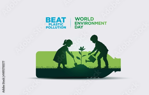 Fototapeta #BeatPlasticPollution, World Environment day concept 2025 3d tree background. 
