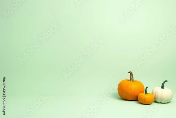 Obraz Three pumpkins on pastel green background with soft light creating calm mood