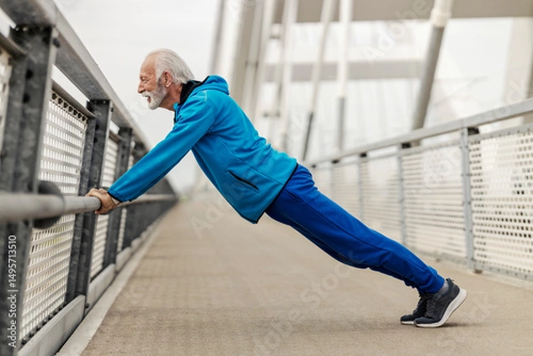 Fototapeta Side view of senior sportsman doing pushups on a bridge.
