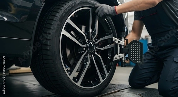 Fototapeta Professional Mechanic Performing Wheel Alignment and Balancing on a Modern Car