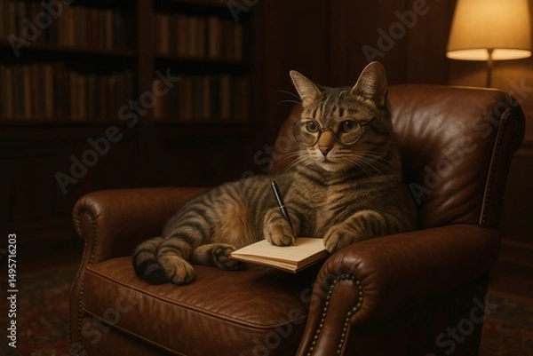 Obraz A Cat in an Armchair Wearing Glasses and Taking Notes in a Therapy Session