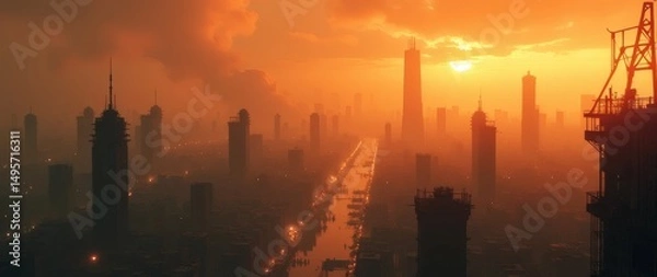 Obraz Dystopian Landscape with Metropolis Immersed in Orange Pollution
