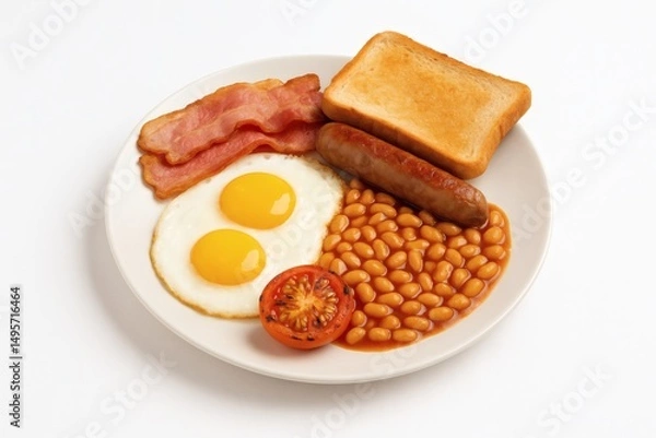 Obraz Traditional English Breakfast with Eggs, Sausage, Beans, Bread and Bacon