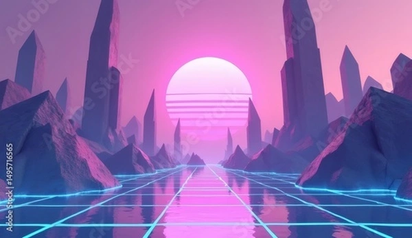 Obraz Vaporwave 80's Sunset Illustratin with Grid and Peaks