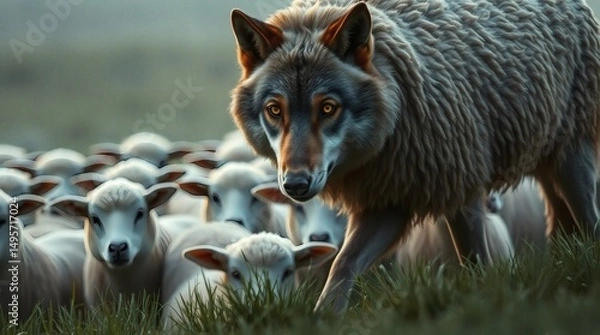 Obraz Wolf Wearing Sheep's Wool Amongst the Flock