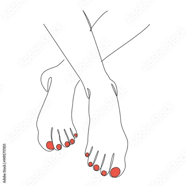 Fototapeta Silhouettes of human legs, feet in modern one line style. Red painted nails. Continuous line drawing, stickers, logo. Vector illustration