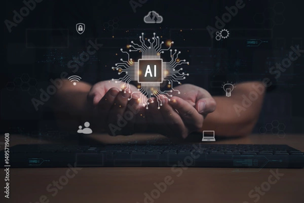 Obraz Man use AI technology to help work. Big data mining, data security, science and innovation. AI Learning and Artificial Intelligence Concept. AI concept with young man in the night.