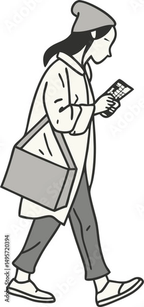 Fototapeta woman Person walking and using a smartphone in a minimalist style