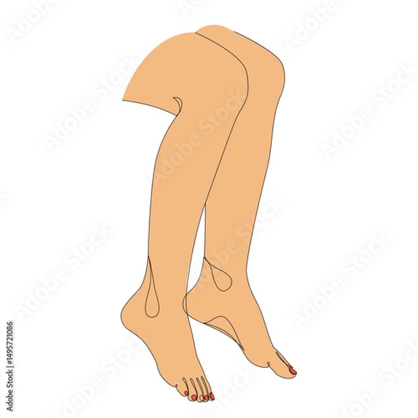 Fototapeta Silhouettes of human legs, feet in modern one line style. Red painted nails. Continuous line drawing, stickers, logo. Vector illustration