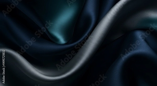 Fototapeta Abstract Flowing Silk Fabric in Deep Navy Blue, Metallic Silver, and Smoky Teal with Soft Directional Lighting for a Luxurious and Moody Aesthetic