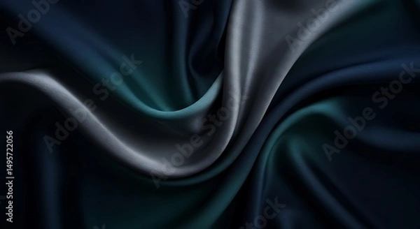 Fototapeta Abstract Flowing Silk Fabric in Deep Navy Blue, Metallic Silver, and Smoky Teal with Soft Directional Lighting for a Luxurious and Moody Aesthetic