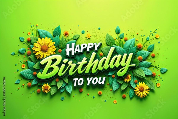 Obraz A Happy Birthday To You message depicted with green leaves, yellow flowers, and green background.