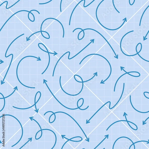 Fototapeta Modern seamless pattern of blue arrows of different shapes on a checkered and blue background