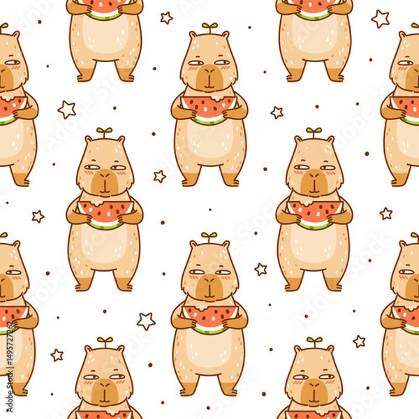 Obraz Seamless pattern cute сartoon capybara with watermelon on white - funny animal background for Your happy summer design