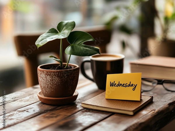 Fototapeta  Cozy workspace with coffee, houseplant and Wednesday reminder note on wooden table - perfect for productivity, wellness and work-life balance concepts