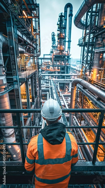 Fototapeta A worker in safety gear observes a large industrial plant filled with metal pipes and machinery under a cloudy sky.