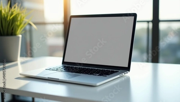 Fototapeta A modern laptop on a minimalist desk, displaying a responsive website design, with natural lighting and a blurred background, for laptop mockup