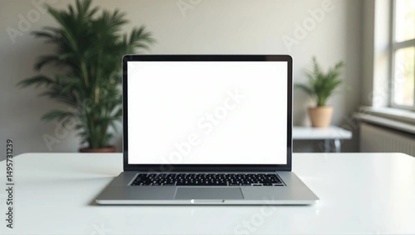 Fototapeta A modern laptop on a minimalist desk, displaying a responsive website design, with natural lighting and a blurred background, for laptop mockup