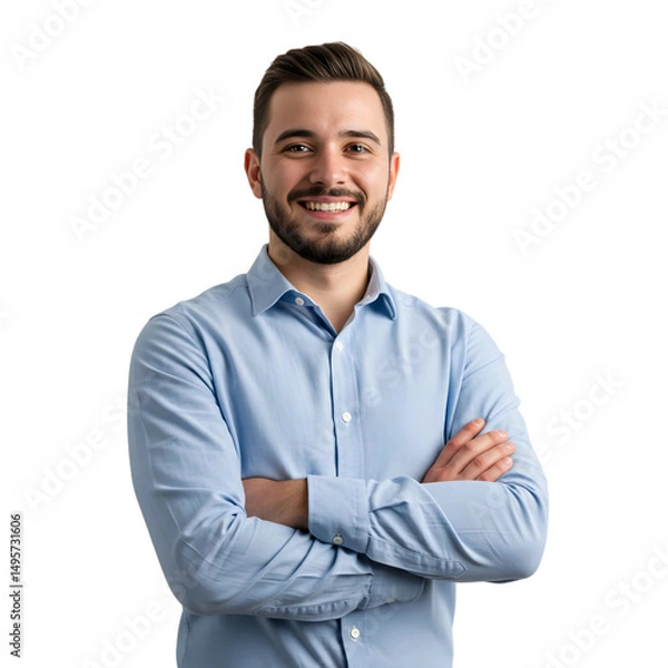 Obraz Handsome Smiling Young Businessman in a Blue Shirt Standing with Arms Crossed, PNG format