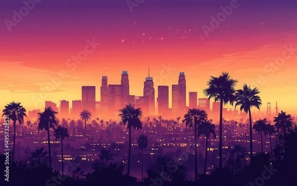 Fototapeta los angeles skyline at sunset, silhouette with palm trees