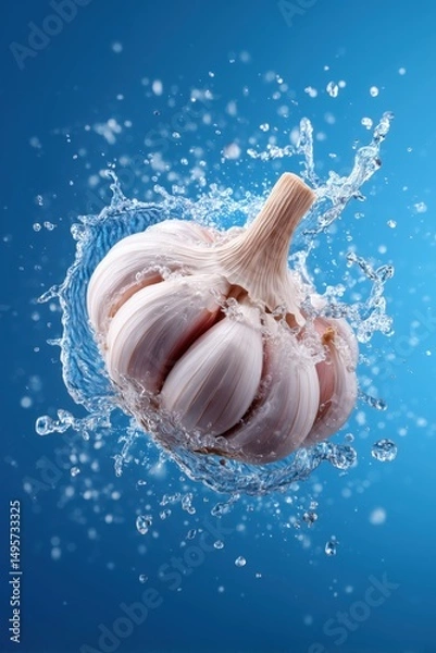 Fototapeta Garlic splashes into clear water creating dynamic droplets. Vibrant blue background emphasizes freshness. Concept of culinary, food preparation, health