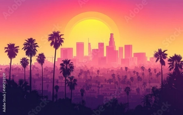 Obraz los angeles skyline at sunset, silhouette with palm trees