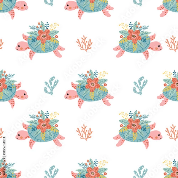 Obraz Seamless watercolor pattern with cute turtles and flowers. Hand-painted in soft colors, isolated on white background. Perfect for kids’ textiles, nursery decor, wrapping paper, and stationery.