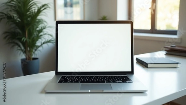 Fototapeta A modern laptop on a minimalist desk, displaying a responsive website design, with natural lighting and a blurred background, for laptop mockup