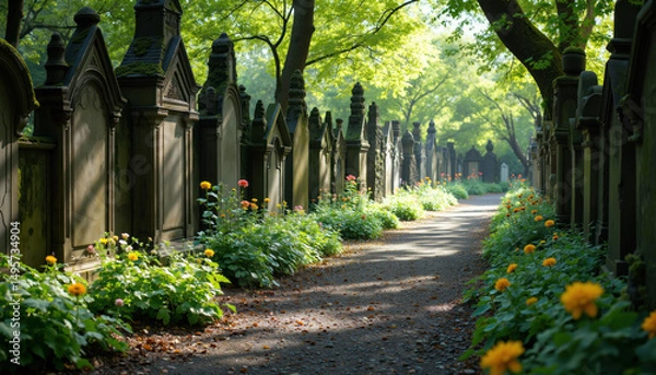 Fototapeta Historic Garden Cemetery Path Lined with Colorful Summer Flowers and Aged Tombstones Under Lush Green Trees, Serene Resting Place with Floral Beauty and Peaceful Atmosphere