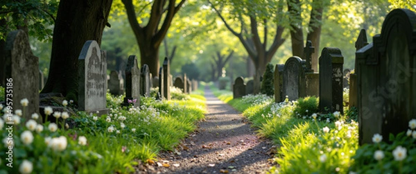 Fototapeta Historic Garden Cemetery Path Lined with Colorful Summer Flowers and Aged Tombstones Under Lush Green Trees, Serene Resting Place with Floral Beauty and Peaceful Atmosphere