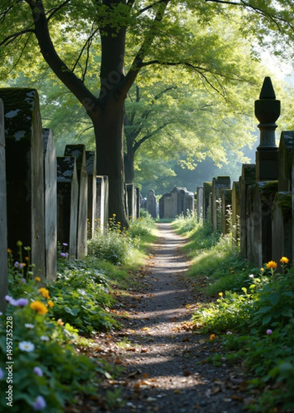 Fototapeta Historic Garden Cemetery Path Lined with Colorful Summer Flowers and Aged Tombstones Under Lush Green Trees, Serene Resting Place with Floral Beauty and Peaceful Atmosphere
