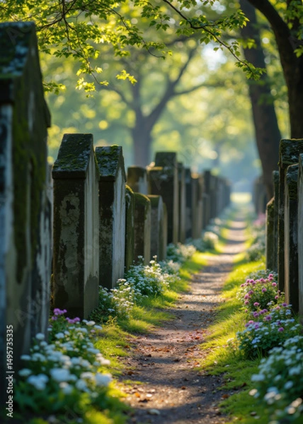 Fototapeta Historic Garden Cemetery Path Lined with Colorful Summer Flowers and Aged Tombstones Under Lush Green Trees, Serene Resting Place with Floral Beauty and Peaceful Atmosphere