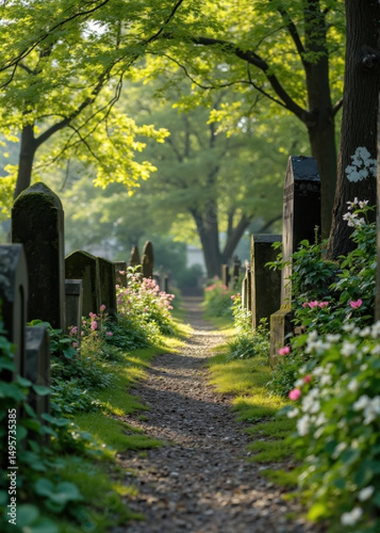 Fototapeta Historic Garden Cemetery Path Lined with Colorful Summer Flowers and Aged Tombstones Under Lush Green Trees, Serene Resting Place with Floral Beauty and Peaceful Atmosphere