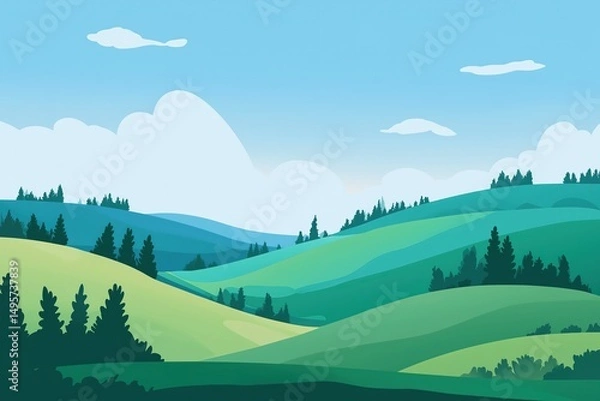 Fototapeta Simple Green Rolling Hills Landscape with Blue Sky