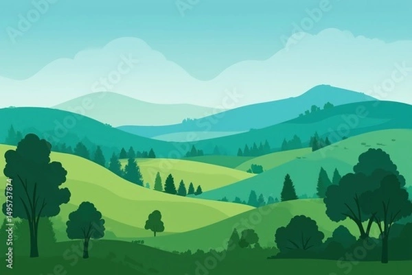 Fototapeta Simple Green Rolling Hills Landscape with Blue Sky