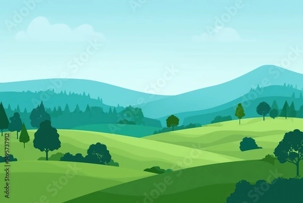 Fototapeta Simple Green Rolling Hills Landscape with Blue Sky