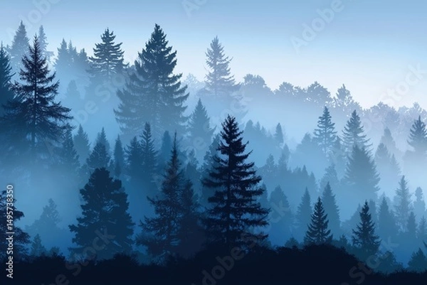 Fototapeta Misty Blue Forest Landscape with Pine Trees