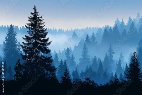 Fototapeta Misty Blue Forest Landscape with Pine Trees