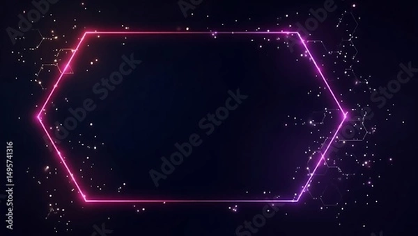 Fototapeta Neon hexagon frame with sparkling stars and connected hexagon patterns background